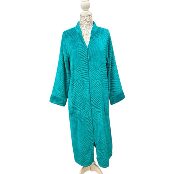 Miss Elaine Teal Plush Textured Zip Robe Housecoat Size Large - Picture 1 of 11